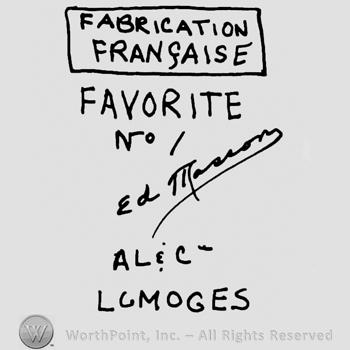 Fabrication Francaise written with uppercase letters inside a square, Favorite No. 1 AL & C. Limoges written with uppercase letters, an undescifrable signature
