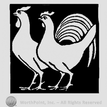 Two roosters in a black square.