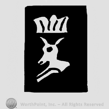 Crowned ox head in a black rectangle.
