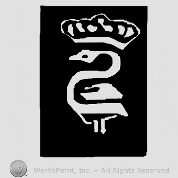 Crowned swan in a black rectangle.
