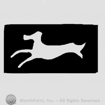 Running dog in a black rectangle.