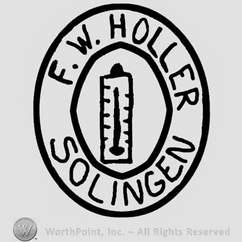 Thermometer in a double circle, F.W. Holler Solingen written around it with uppercase letters