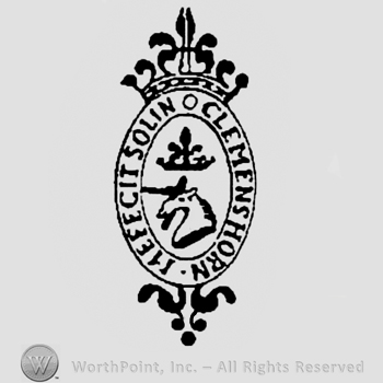 Oval design with crowned unicorn and MEFECIT SOLIN CLEMENS HORN written on the edge.