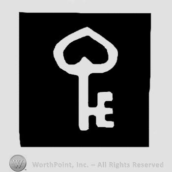 Old-style key in a black square.