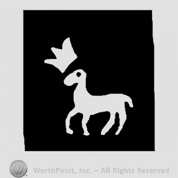 Crowned lamb in a black square.