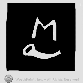 Uppercase M over hunting horn  in a black square.