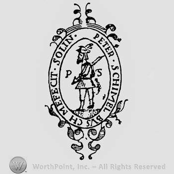 Uppercase PS and german Rifleman inside an oval ornamented design; PETER SCHIMEL BVS HC MEFECIT SOLIN written on the edge.