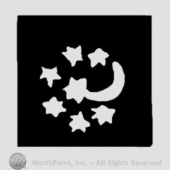 Shooting stars around crescent moon in a black square.