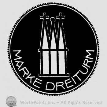 Triple spired church in a black circle and MARKE DREITURM written bellow.