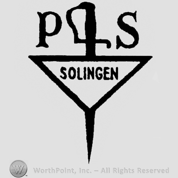 Uppercase PS and sword, Solingen written with uppercase letters in a triangle.