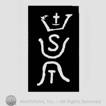 Crown over enclosed uppercase ST on a black beckground.