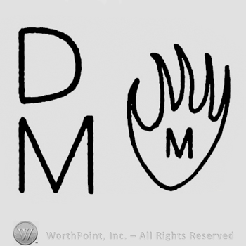 Uppercase DM, bear paw and uppercase M on the paw.
