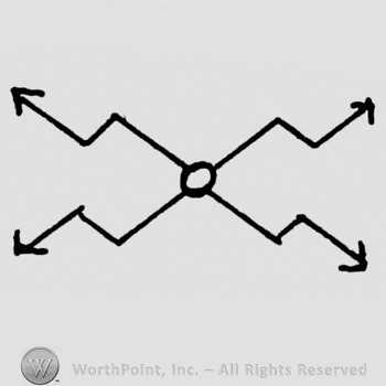 Four crossed arrows;a circle in the middle.