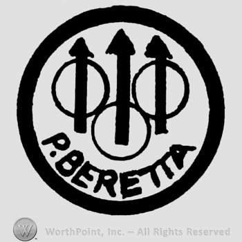 A circle with 3 arrows inside of it,each one in another circle;P.BERETTA written inside.