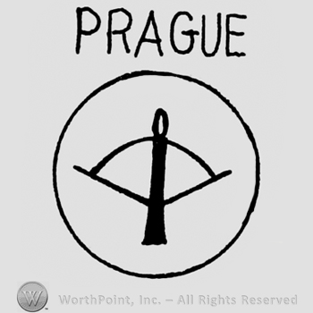 A circle with a bow inside;word PRAGUE written on top.