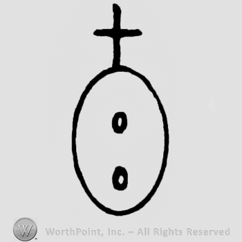 Oval with 2 small circles in side;A cross on top.