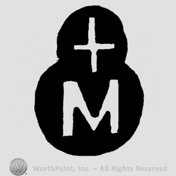 Cross above letter M ; both inside of a curved shape.