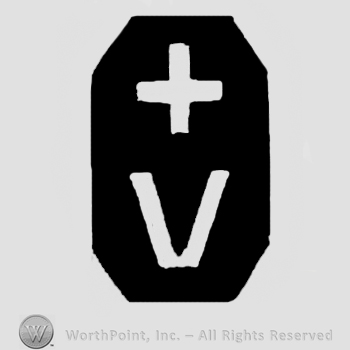 Cross above letter V ;both inside of a black shape.