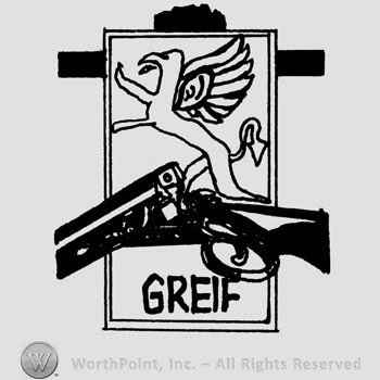 Rectangle with a flying animal inside;trigger part of a shotgun infront of the rectagle;word GREIF written bellow.