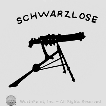 Machine gun on a tripod;word SCHWARZLOSE written above