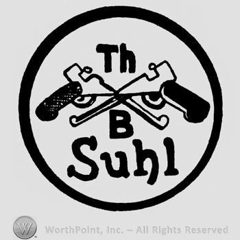 Two crossed pistols in a circle;letter TH above the guns;letter B and word SUHL bellow .