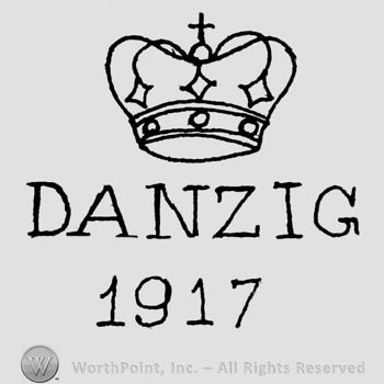 A crown with a small cross on top;words DANZIG 1917 written bellow.