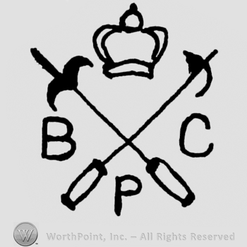 Two crossed possible swords;a crown on top;letter B in the left side,C in the right and P at the bottom.