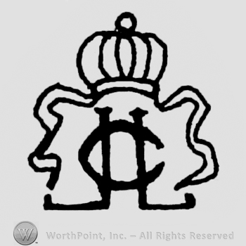 Crown with 2 ribbons;letter L written over letter L under the crown.