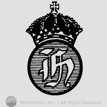 A circle with stylish letter H written inside;a crown on top.