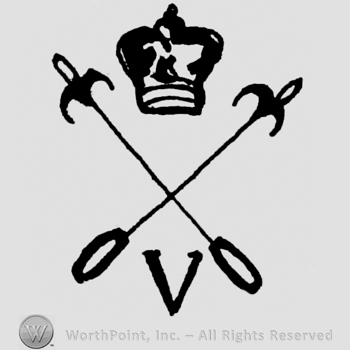 Two crossed spades with a crown above and letter v bellow.