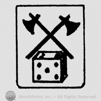 Two crossed axes and a die inside of a rectangle.