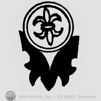 Circle enclosing a fleur-de-lis above a black shadow.