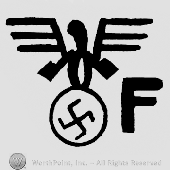 Eagle shape with opened wings;Nazi sign bellow;letter F written in the right side.