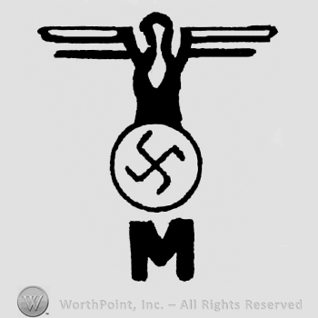 Bird shape with opened wings;Nazi symbol bellow and also letter M.
