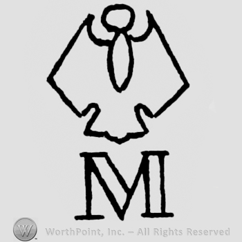 Kind of bird shape with opened wings;letter M written bellow.