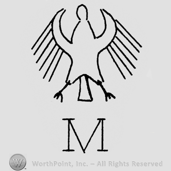 Bird shape with opened wings;letter M written bellow.