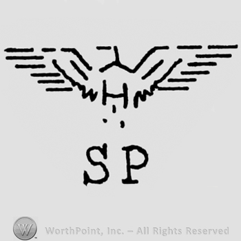 Eagle shape with opened wings;letters S P written bellow.