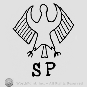 Bird shape with opened wings;letters S P written bellow.