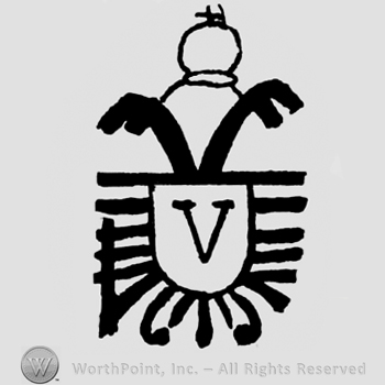 Bird on top of a shield with letter V inside.