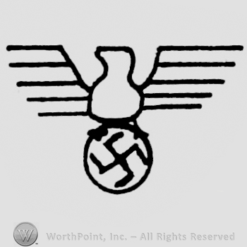 Eagle shape with open wings; nazi symbol in circle, bellow.