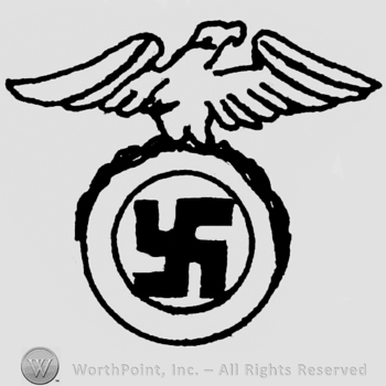 Eagle shape with open wings; nazi symbol in double circle, bellow.