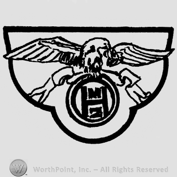 Open wings eagle above a circle enclosing letter H; all this on a shield.