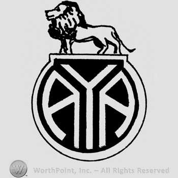 Black circle with initials A, Y, A written on; lion standing above.