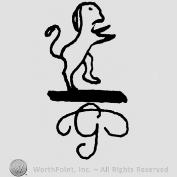 Lion shape turned to the right above a bold line and initials G and C.