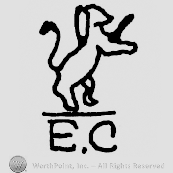 Lion shape turned to the right above a line and initials E and C.