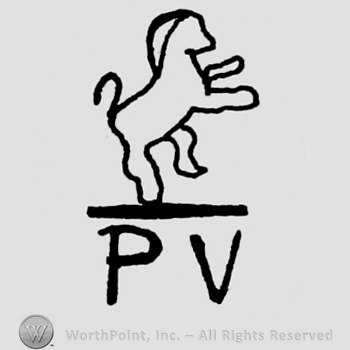 Lion shape above initials P and V.