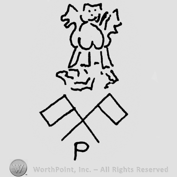 Lion shape above two crossed flags and initial p.