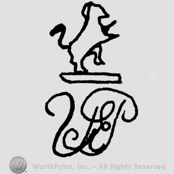 Lion shape above two handwritten letters.