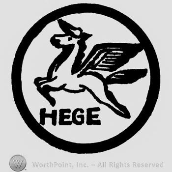 Winged horse in bold circle; HEGE written bellow.
