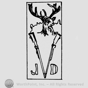 Deer head with antlers,2 riffles and letters J D inside of a rectangle.
